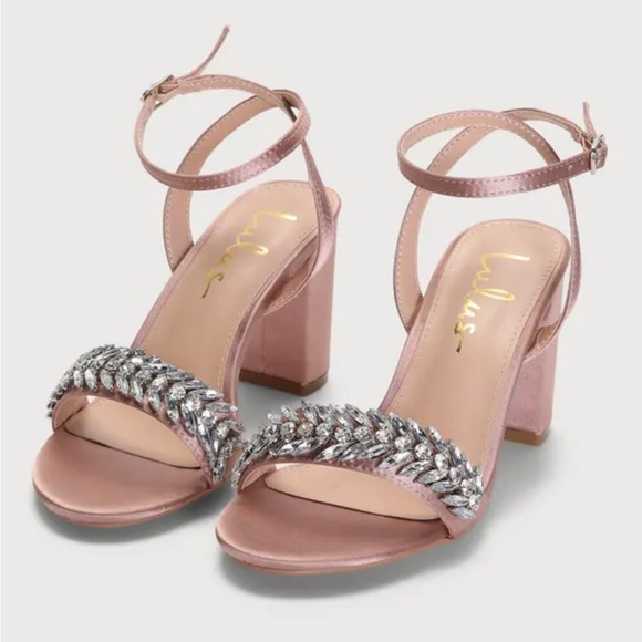 Lulus Shoes - Sulliee Blush Satin Rhinestone Leaf Ankle Strap Heels ~ Block Heels ~ Baby Pink